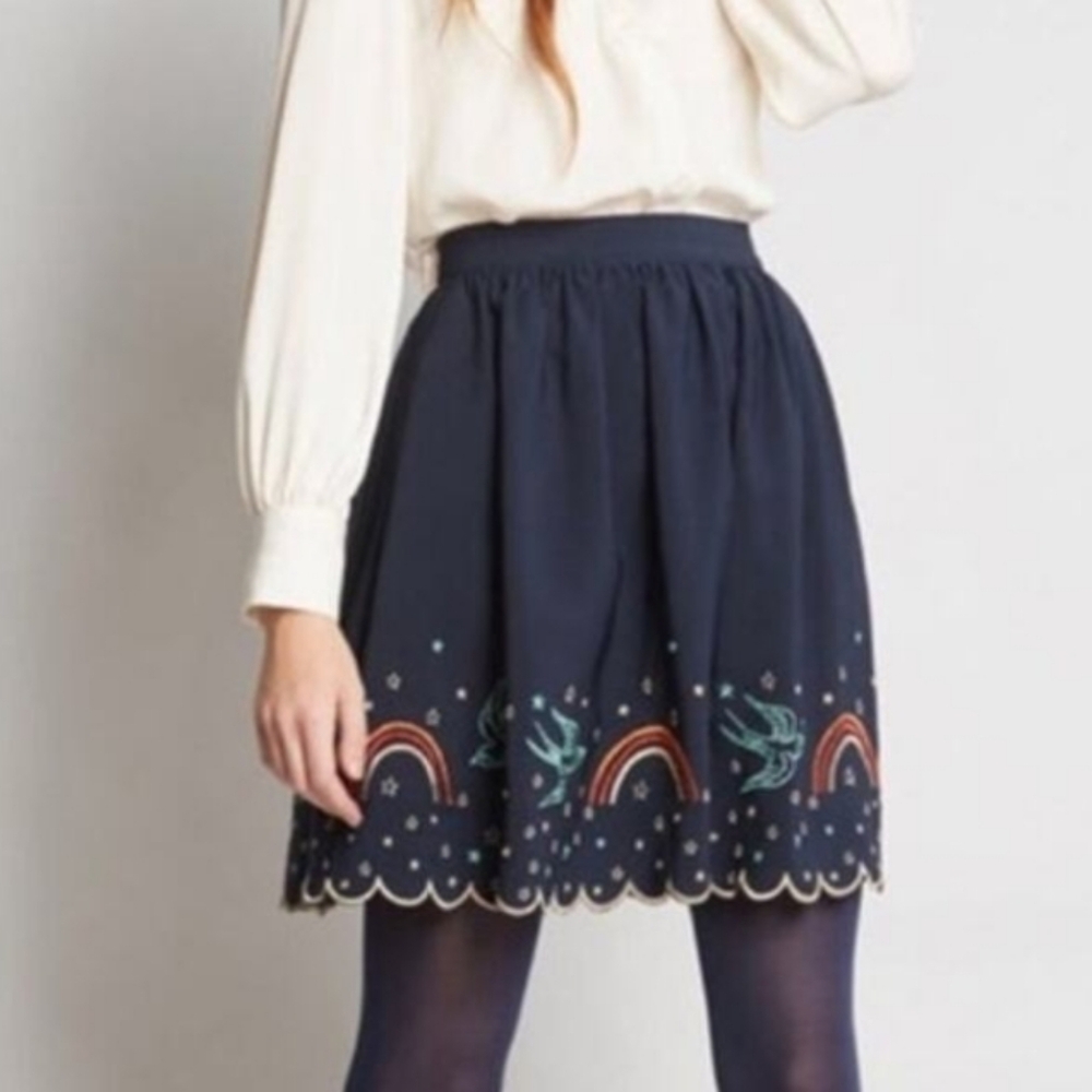 Treasued Reveried Skirt W Bird Embroidery Modcloth XL With Pockets!